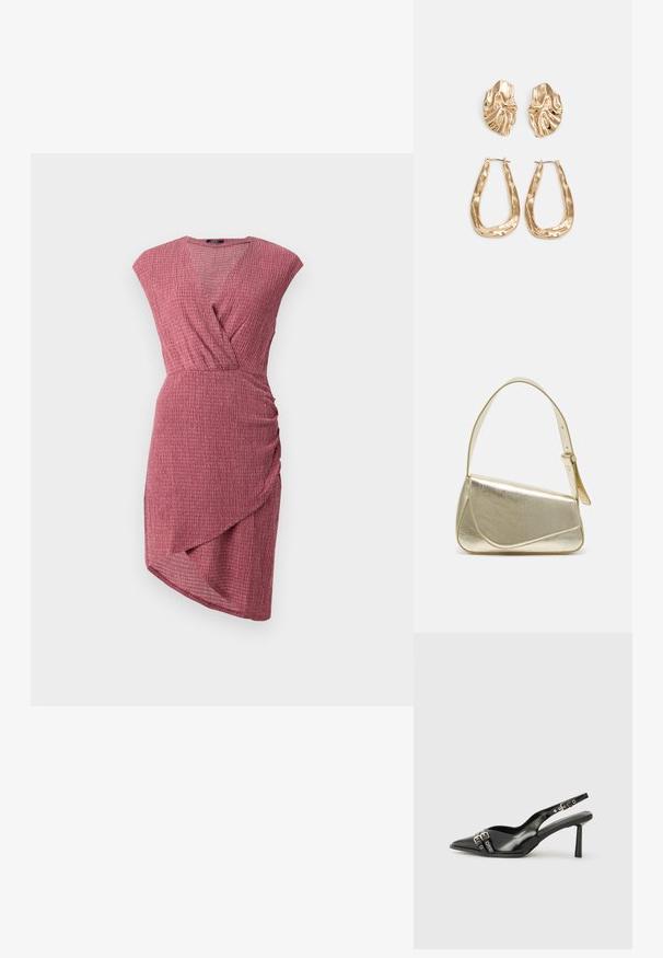 Vaarika värvi kleit, millel on tekstuuriga viimistlus, wrap-disain, lühikesed varrukad ja külje rütm detail koos ebaühtlase heliga.; Must musta nahk kingad sanga ja terava ninaga, ankle strapidega, millel on hõbedased pandlad ja riistvara ning õhuke konts.; Kuldmetallist käekott, millel on struktureeritud disain, sile tekstuur ja reguleeritav rihm. Omab ainulaadset kolmnurkset kuju ja minimalistlikku õmblust.; Kuldse värvi kõrvarõngad, mis on kaunistatud tekstuursete ja laineliste kujunditega. Komplektis on skulpturaalsed klamber kõrvarõngad ja avatud rõngasdisain, millel on lõhestatud viimistlus.