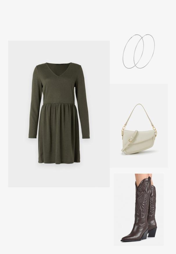 Dolga obleka temno zelene barve, z V-izrezom, prilegajočim zgornjim delom in nabranim krilom, ki ustvarja ohlapen, tekoč silhuet.; Rjave usnjene kavbojske čevlje z ostrim nosom in blok peto, ki vsebujejo podrobno šivanje in dvignjene dodatke na zgornjem delu.; Mala kremna torbica z teksturiranim zaključkom, dolgim nastavljivim trakom, verižnim poudarkom in zapiranjem na poklop. Detajli iz zlatega kovinskega materiala.; Srebrne uhane v obliki obroča z minimalističnim dizajnom. Krožna oblika, gladka tekstura in tanek profil. Lahki s poliranim zaključkom.