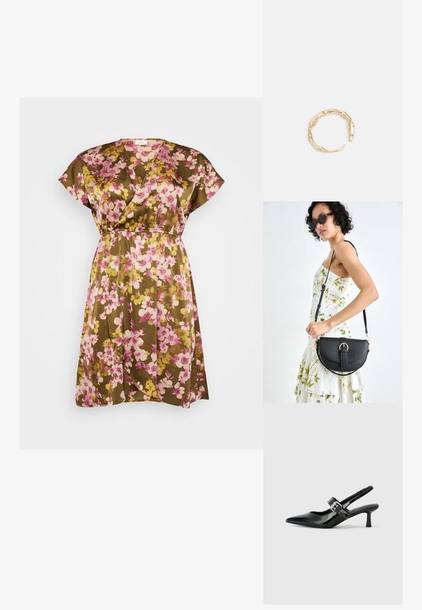 Kvetinový šaty v hnedej farbe s ružovými a žltými kvetmi, s krátkymi kapucňovými rukávmi, V-výstrihom a elastickým pásom pre uvoľnené nosenie.; Čierne patentové kožené sandále na podpätku so špicatou špičkou a malým blokovým podpätkom, s dekoratívnou striebornou sponou na remienku.; Čierna kožená kabelka s zaobleným tvarom, odnímateľným popruhom a zlatými doplnkami. Kabelka má klopu s detailom s prackou.; Prsteň v zlatej farbe s organickým, skrúteným dizajnom, hladkým povrchom a zužujúcimi sa koncami, vytvárajúci moderný, sochársky vzhľad.