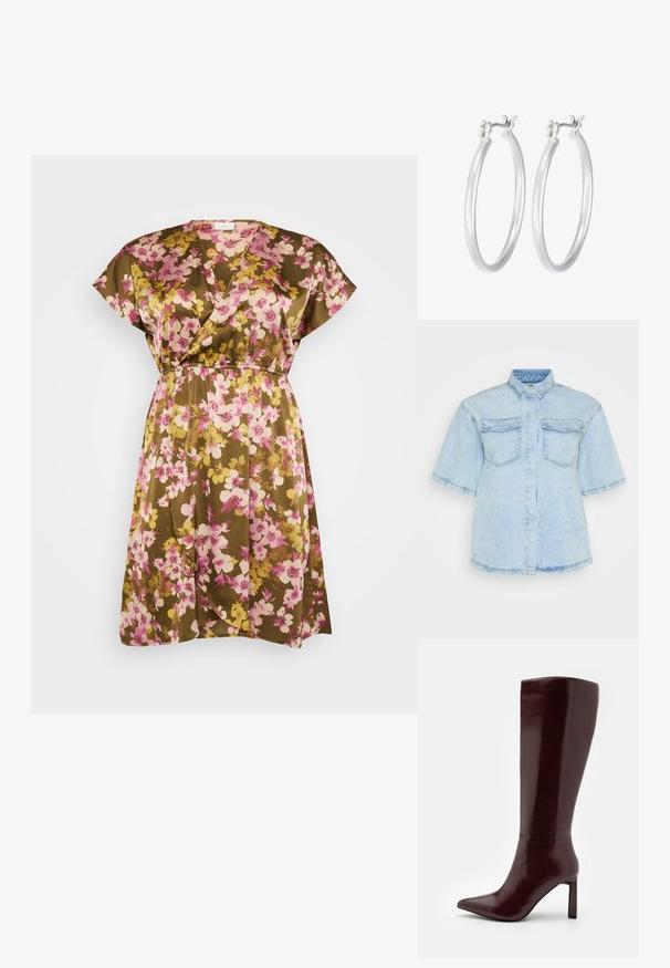 Kvetinový šaty v hnedej farbe s ružovými a žltými kvetmi, s krátkymi kapucňovými rukávmi, V-výstrihom a elastickým pásom pre uvoľnené nosenie.; Svetlomodrá deninová košeľa s krátkymi rukávmi, obsahujúca dve predné vrecká a zdobená malými striebornými cvokmi po celom povrchu.; Even&Odd Čižmy - dark red; Strieborné kruhové náušnice s hladkým, lesklým povrchom. Kolový tvar a bezpečné klikanie na uzatváranie. Ľahký dizajn vhodný na každodenné nosenie.