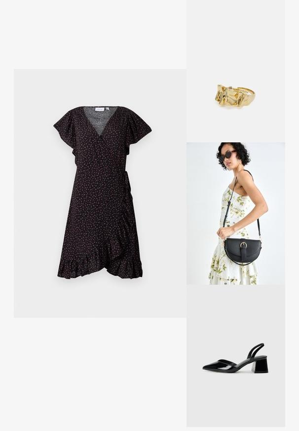 Svart omlottklänning med korta fladdrande ärmar, liten blommönster i nyanser av rosa och vitt, volangkant, tillverkad av lätt tyg.; Svarta lackläder slingback klackar med spetsig tå och geometrisk klack. Har en elegant, minimalistisk design och slät yta.; Svart läderhandväska med en böjd form, avtagbar rem och guldiga detaljer. Väskan har ett lock med en spänndetalj.; Guldring med texturerad, vågig design som har tre framträdande toppar. Slät, glänsande yta med en öppen band för justerbar passform.