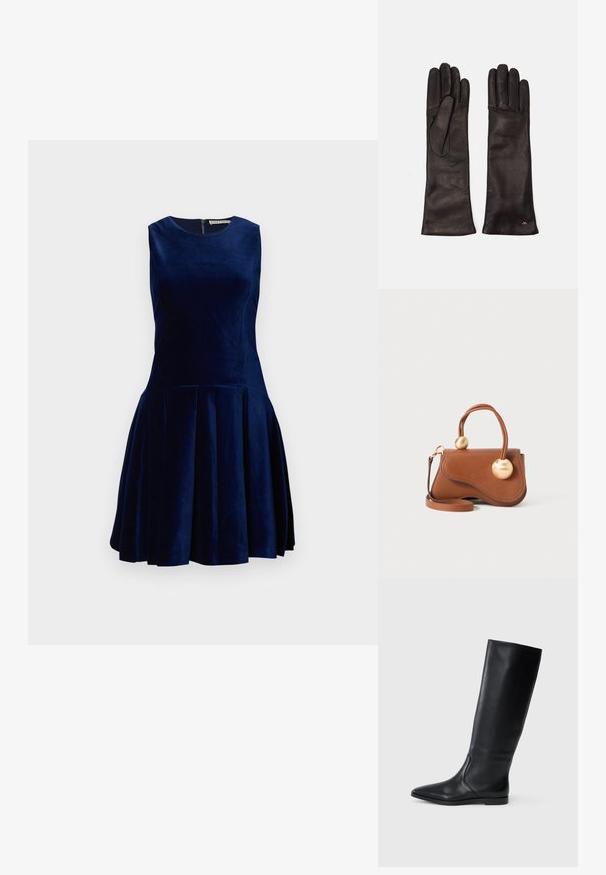 Donkerblauwe fluwelen jurk met een mouwloos ontwerp, ronde halslijn en geplooide rok. Voorzien van een ritssluiting aan de achterkant. Soepele textuur.; Zwarte leren kniehoge laars met een puntige neus en een minimalistisch ontwerp. Glad textuur en platte zool, met discreete zijnaaddetails.; Bruine leren handtas met een golvende uitstraling, voorzien van twee ronde gouden accenten en een afneembare schouderriem voor veelzijdig dragen.; WEEKEND MaxMara SENAPE - Handschoenen - nero