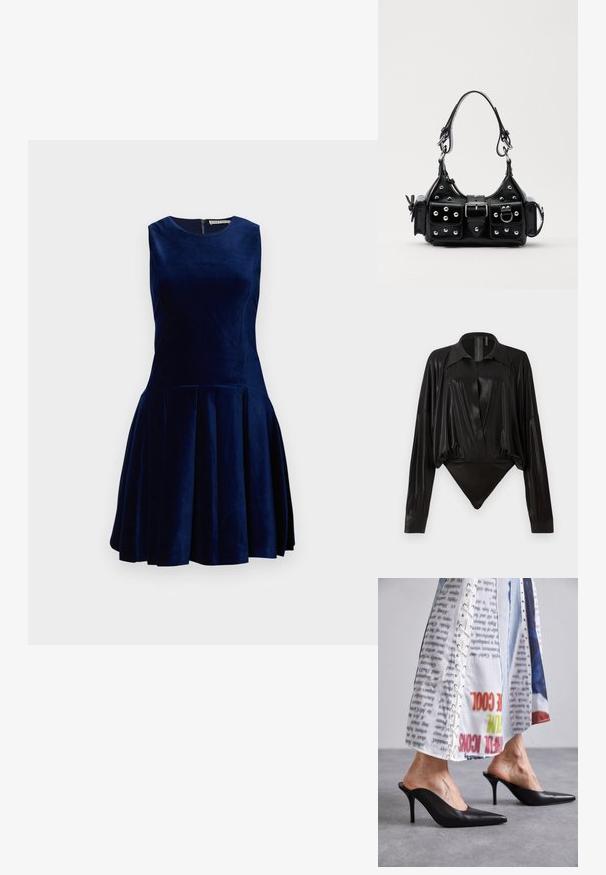 Donkerblauwe fluwelen jurk met een mouwloos ontwerp, ronde halslijn en geplooide rok. Voorzien van een ritssluiting aan de achterkant. Soepele textuur.; Zwarte body met lange mouwen, V-hals en een aansluitende silhouet. Gemaakt van glanzende, gladde stof met een gestructureerde kraag en manchetten.; Zwarte leren muiltjes met een spitse neus en hoge hak, gecombineerd met een witte laatjes met patroon en vetersluiting.; Zwarte lederen handtas met een gebogen ontwerp, voorzien van zilveren studs, een gesp en twee zijvakken. Verstelbare schouderband voor verschillende draagmogelijkheden.