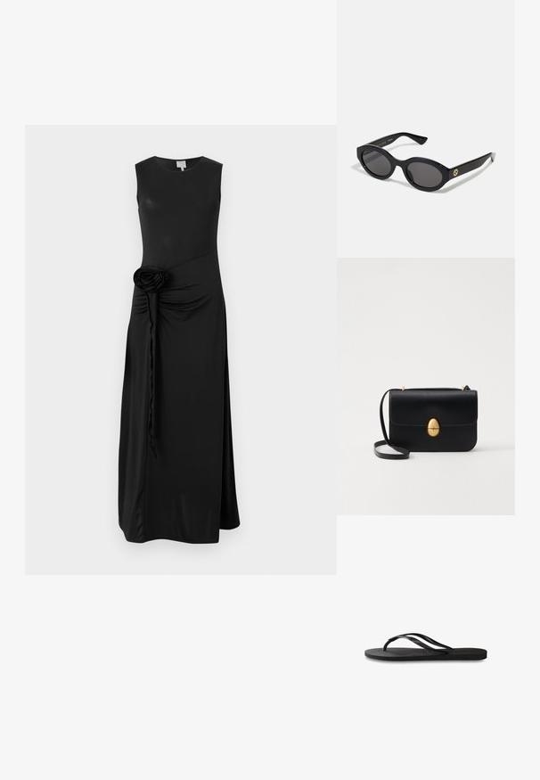 Fekete ujjatlan ruha sima anyagból, oldalán ráncos részlettel és dekoratív szövet rózsa díszítéssel a deréknál.; Fekete papucs texturált gumitalppal, két vékony pánttal és finom, domború logóval a pánton.; Fekete ovális napszemüveg sötét lencsékkel és fényes műanyag kerettel. Aranyszínű logóval rendelkezik a szárán, amely elegáns és modern megjelenést biztosít.; Fekete bőr kézitáska, struktúrált, téglalap alakú formával. Arany ovális kapoccsal és vékony vállpánttal rendelkezik. Sima textúrájú.