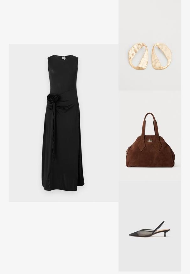 Černé bezramínkové šaty z hladkého materiálu, s nařaseným bočním detailem a dekorativní látkovou růží na pásku.; NEOUS IRENA - Klasické lodičky - black; Hnědá semišová kabelka se strukturovaným tvarem, zaobleným tělem a prodlouženými úchyty ve tvaru diamantu. Obsahuje stříbrné kování na zavírání.; Pár nepravidelných oválných náušnic z kovu pozlaceného zlatem s texturovaným, mírně kladivkovým povrchem na bílém pozadí.