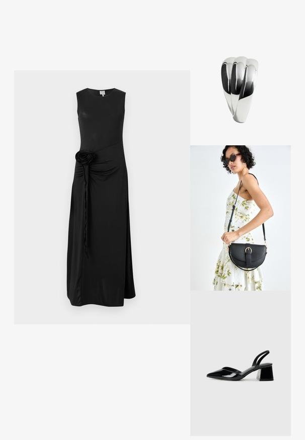 Rochie neagră fără mâneci, realizată dintr-un material neted, având detalii pliate pe lateral și un accent decorativ din țesătură sub formă de rozetă la talie.; Pantofi cu toc slingback din piele lacuită neagră, cu vârf ascuțit și toc geometric. Prezintă un design elegant, minimalist și o textură netedă.; Geantă din piele neagră, cu o formă curbată, curea detașabilă și accesorii aurii. Geanta are un capac cu un detaliu tip cataramă.; Inel din metal cu un finisaj argintiu lustruit, având trei secțiuni curbate împletite care creează un design neted și coerent.