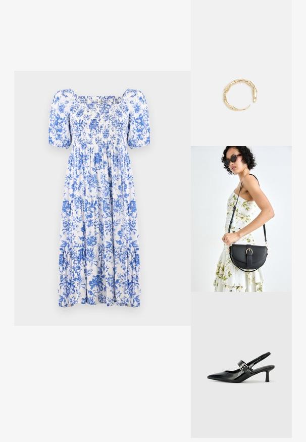 Balta ir mėlyna gėlių rašto suknelė, su smulkia raukiniu viršuje, trumpomis pūkuotomis rankovėmis ir pakopine apačia. Pagaminta iš lengvos medžiagos.; Juodai lakuoti slingback aukštakulniai su smailiu kojų pirštu ir mažais blokiniais kulniukais, su sidabro sagtimi ant dirželio.; Juodas odinis krepšys su išlenkta forma, nuimamu dirželiu ir auksiniais detalėmis. Krepšys turi kilpą su sagtimi.; Auksinės spalvos žiedas, turintis organišką, sukimosi dizainą su lygiu paviršiumi ir siaurėjančiais galais, sukuriantis modernią skulptūrinę išvaizdą.