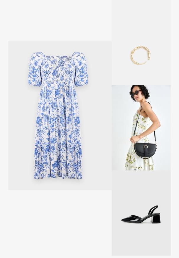 Balta ir mėlyna gėlių rašto suknelė, su smulkia raukiniu viršuje, trumpomis pūkuotomis rankovėmis ir pakopine apačia. Pagaminta iš lengvos medžiagos.; Juodos lakuotos odinės šlepetės su smailiu pirštu ir geometriniu bloko kulnu. Turi elegantišką, minimalistinį dizainą ir lygų paviršių.; Juodas odinis krepšys su išlenkta forma, nuimamu dirželiu ir auksiniais detalėmis. Krepšys turi kilpą su sagtimi.; Auksinės spalvos žiedas, turintis organišką, sukimosi dizainą su lygiu paviršiumi ir siaurėjančiais galais, sukuriantis modernią skulptūrinę išvaizdą.