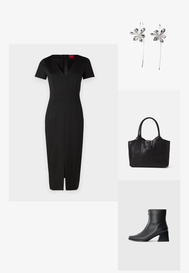 Svart tettsittende kjole med korte ermer, V-hals, fremre splitt og strukturert design. Laget av glatt, elastisk stoff. Merket synlig.; Sorte skinnankelsko med firkantet tå, glidelås på siden og blokkhæl mot en vanlig lys bakgrunn.; Svart skinn toteveske med jevn tekstur, strukturert form, to håndtak og en fremtredende sølvspenne foran.; Sølvblomstformede ørevipper med en teksturfinish, der har lange kroker og kronbladlignende detaljer for et intrikat design.