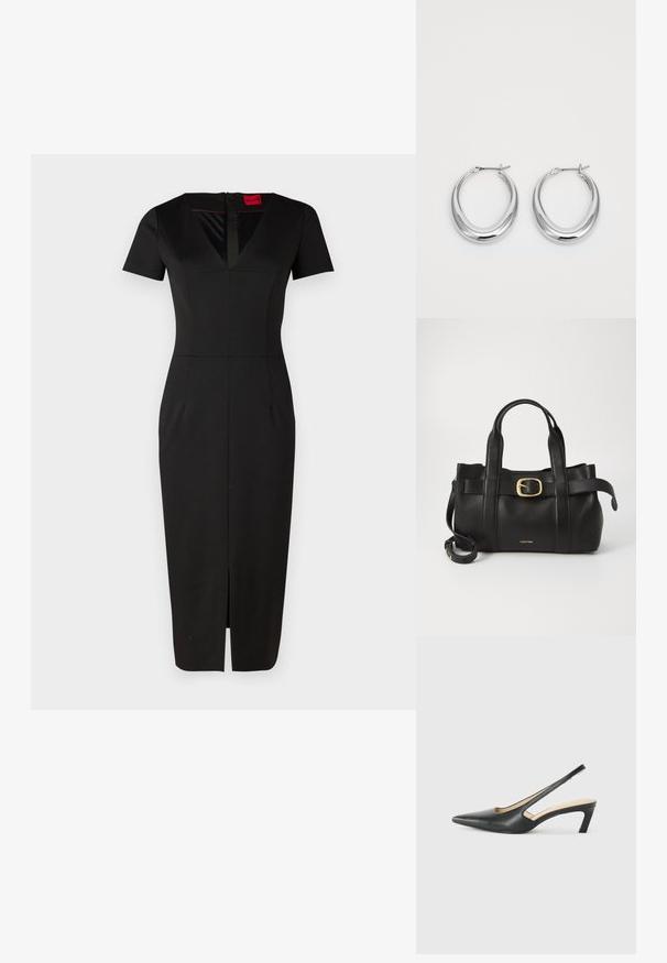 Svart tettsittende kjole med korte ermer, V-hals, fremre splitt og strukturert design. Laget av glatt, elastisk stoff. Merket synlig.; Svart spiss tå slingback-sko med lav hæl, laget av jevnt skinnmateriale og med utskåret design på siden for pusteevne.; Svart lærveske med en strukturert design, doble topphåndtak, gullfarget spenneakent og preget merke-logo foran.; Et par polerte sølv halvmåne hoop øredobber med hengselspenner på hvit bakgrunn.