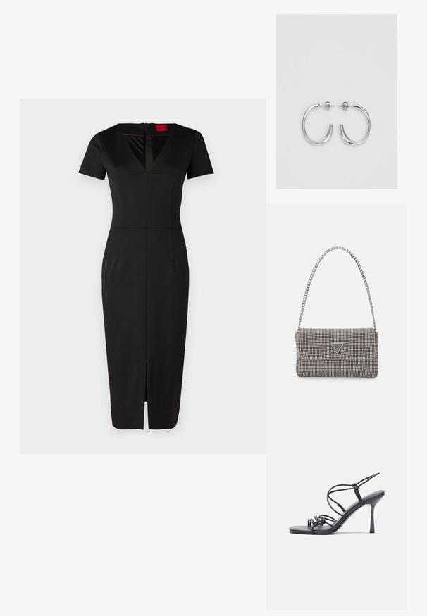 Crna uska haljina s kratkim rukavima, V-izrezom, prorezom sprijeda i strukturiranim dizajnom. Izrađena od glatkog, rastezljivog materijala. Oznaka vidljiva.; Crne sandale na visokoj potpetici imaju tanke trake s čvorastim dizajnom, glatki kvadratni vrh i elegantnu stiletto petu.; Svijetlosivi metalik ruksač s lancem, ukrašen malim okruglim metalnim zakovicama i trokutastim logotipom marke.; Srebro naušnice u obliku prstena s glatkom, sjajnom završnom obradom. Zaobljenog oblika, laganog dizajna, s kopčom na poleđini.