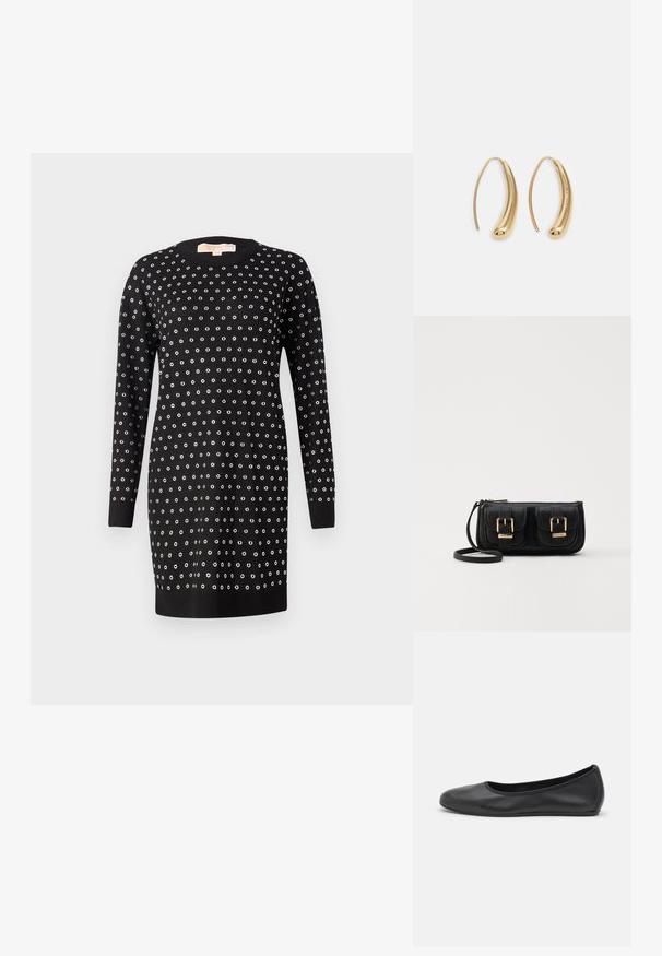 Czarna sukienka z długimi rękawami i okrągłym dekoltem, ozdobiona równomiernie rozmieszczonymi srebrnymi oczkami w kropeczki na całej powierzchni.; Czarne skórzane baletki z zaokrąglonym noskiem, gładką fakturą, minimalnymi przeszyciami i elastycznym designem podeszwy.; Czarna skórzana torba na ramię z dwoma przednimi kieszeniami, złotymi klamrami, zamkiem błyskawicznym i cienkim paskiem. Teksturowana powierzchnia i kompaktowy prostokątny kształt.; Złote metalowe kolczyki w kształcie obręczy o zakrzywionym, wydłużonym kształcie. Posiadają gładką, błyszczącą powierzchnię oraz zaokrąglony koniec dla dodatkowego efektu.