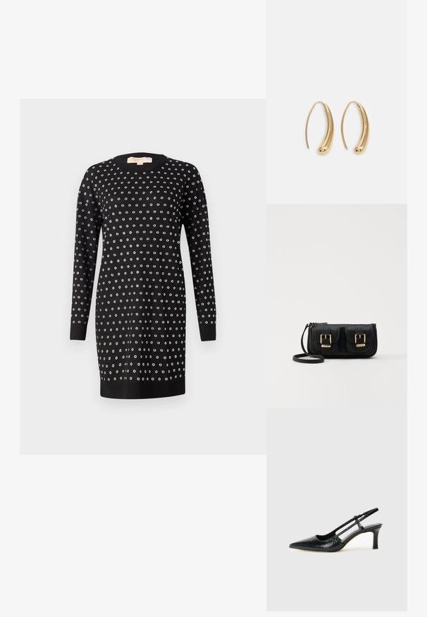 Black dress featuring long sleeves and a round neckline, adorned with evenly spaced silver grommets in a dotted pattern throughout.; Black patent slingback heel with a pointed toe, featuring textured snake print, adjustable strap, and a short, textured block heel.; Black leather crossbody bag with two front pockets, gold buckles, zipper closure, and a slim strap. Textured surface and compact rectangular shape.; Gold-tone metal hoop earrings with a curved, elongated shape. Features a smooth, shiny surface and a rounded tip for added detail.