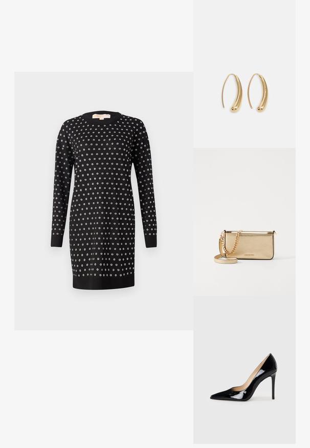 Černé šaty s dlouhými rukávy a kulatým výstřihem, zdobené rovnoměrně rozloženými stříbrnými očky v tečkovaném vzoru po celém povrchu.; Černý lakovaný kožený lodičkový bot s špičatou špičkou a elegantním siluetou. Má hladký, lesklý povrch a štíhlý jehlový podpatek.; Metalická zlatá kožená psaníčko s texturovaným povrchem, vybavená zlatým řetízkovým popruhem a odnímatelným ramenním popruhem. Vystouplé logo značky.; Náušnice ve tvaru kruhu z pozlaceného kovu s vroubkovaným, prodlouženým tvarem. Mají hladký, lesklý povrch a zaoblený konec pro zvýraznění detailu.