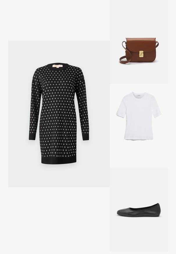 Melna kleita ar garām piedurknēm unapaļo kakla izgriezumu, rotāta ar vienmērīgi izvietotām sudraba grometēm punktiņu rakstā visā kleitas virsmā.; Balta īsām piedurknēm T-krekls, izgatavots no ribota auduma. Apaļš izgriezums, regulāra piegriezuma un diskrēti šuvumu detaļas. Bez printiem vai grafikām.; Melna ādas baleta kurpe ar noapaļotu purngalu, gludu tekstūru, minimālu šuvju detalizāciju un elastīgu zoles dizainu.; Bordo ādas rokas soma ar atloku, zeltītām detaļām, plecu siksnu un gludu virsmu. Kompakta, taisnstūrveida forma.