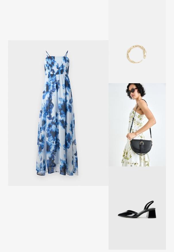 Maxi haljina s cvjetnim uzorkom u nijansama plave, s gumiranim dijelom oko struka i tankim naramenicama, izrađena od lagane, prozirne tkanine.; Crne lakirane kožne sandale s otvorenom petom i špicastim vrhom, s geometrijskom blok petom. Imaju elegantan, minimalistički dizajn i glatku teksturu.; Crna kožna torba s lukovitim oblikom, odvojivim remenom i zlatnim detaljima. Torba ima preklop s kopčom.; Prsten u zlatnoj nijansi s organskim, uvijenim dizajnom, glatkom teksturom i suženim krajevima, koji stvara moderan, skulpturalni izgled.