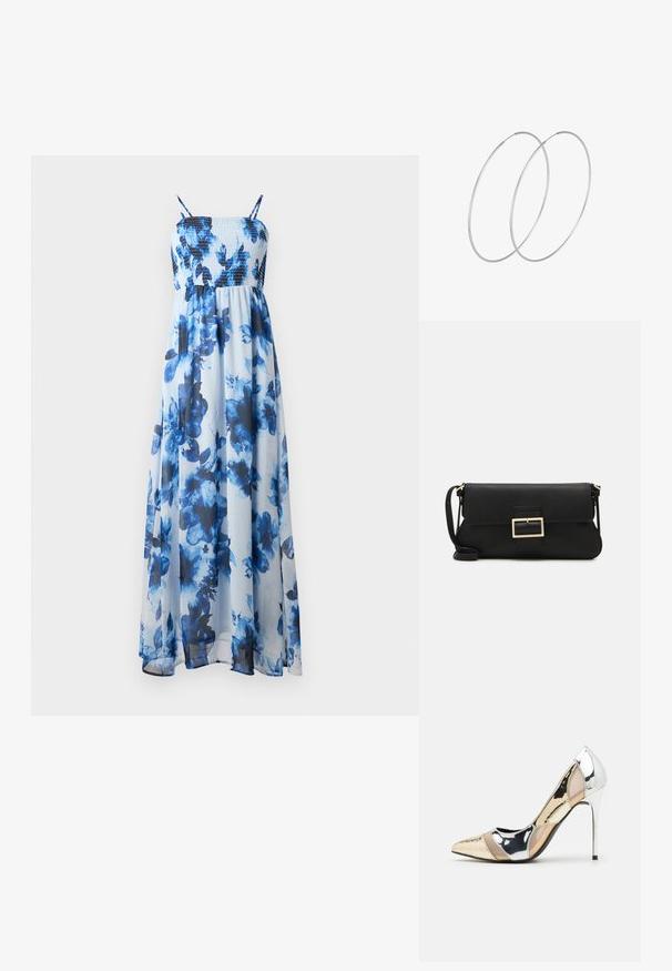 Maxiklänning med blommönster i nyanser av blått, med en smockad byst och tunna axelremmar, tillverkad av lätt, genomskinligt tyg.; Spetsig tå högklackad sko med en färgpalett av silver, guld och nude. Glansig yta med utskärningsdesign, utrustad med en stilettklack.; Svart läderkuvertväska med en klaff och detalj i guldmetallspänne. Innehåller en svart rem och en elegant, minimalistisk design.; Silverfärgade hoopörhängen med en minimalistisk design. Cirkulär form, slät yta och tunn profil. Lätta med en polerad finish.