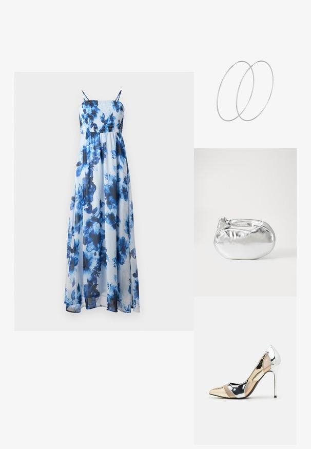 Maxiklänning med blommönster i nyanser av blått, med en smockad byst och tunna axelremmar, tillverkad av lätt, genomskinligt tyg.; Spetsig tå högklackad sko med en färgpalett av silver, guld och nude. Glansig yta med utskärningsdesign, utrustad med en stilettklack.; Silverfärgad metallisk påse med en mjuk, rundad form och en knutstängning upptill. Tillverkad av ett mjukt material i konstläder.; Silverfärgade hoopörhängen med en minimalistisk design. Cirkulär form, slät yta och tunn profil. Lätta med en polerad finish.