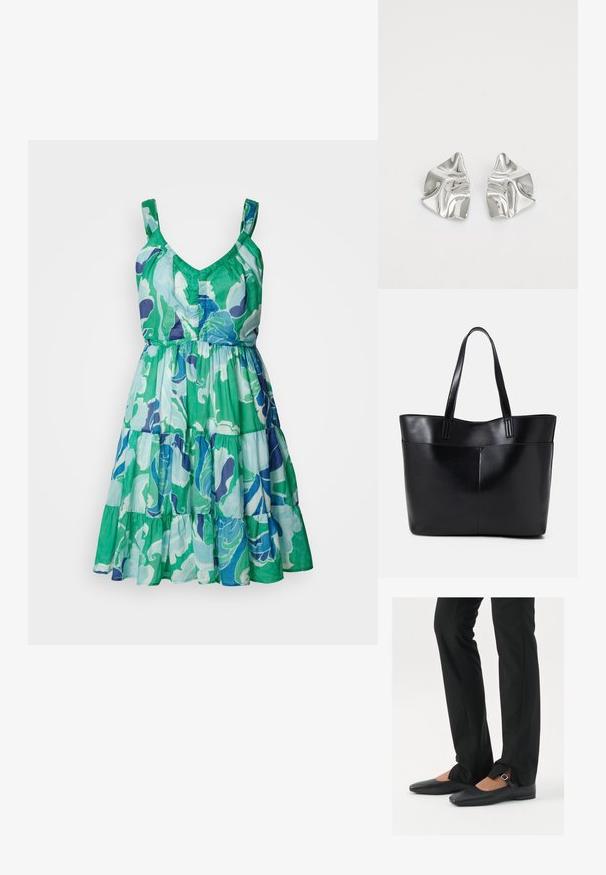 Šaty bez rukávov s výstrihom do V a vrstvenou sukňou, s kvetinovým vzorom v zelenej, modrej a fialovej farbe na ľahkej látke.; Čierne kožené baletky s špicatou špičkou, remienkom so striebornou prackou, skombinované s čiernymi strihovými nohavicami so rozparkom na leme.; Čierna kožená tote taška s dvoma dlhými rúčkami, hladkým povrchom a štruktúrovaným tvarom. Obsahuje prednú kapsu pre dodatočné uskladnenie.; Strieborné kovové náušnice s vlnitým, sochárskym dizajnom, s lešteným povrchom a nepravidelnými tvarmi, ktoré zvýrazňujú súčasnú estetiku.