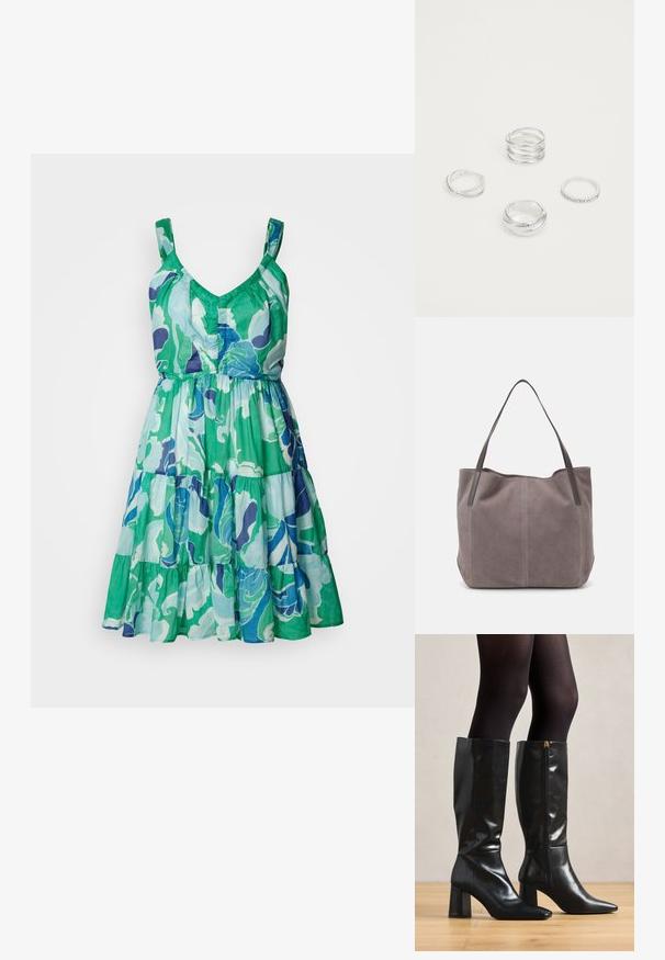 Haljina bez rukava s V-izrezom, s višeslojnim suknjom, koja ima cvjetni uzorak u zelenoj, plavoj i ljubičastoj boji na laganom materijalu.; Crne čizme od kože do koljena s sjajnom površinom, šiljastim vrhom i debelim potplatom. Bočni patentni zatvarač za jednostavno obuvanje.; Siva zamjena torba od antilopa s dvije tamne kožne ručke. Ima prošivene detalje sa strane, meku teksturu i prostrani otvor.; Četiri srebrna prstena s različitim dizajnima: uvijena traka, slojevite krivulje, delikatni kristali i glatka traka s malim akcentima.
