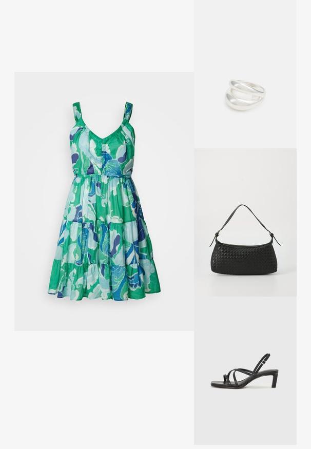 Tampražis be rankovių, su V formos iškirpte, sluoksniuota sijonu, turintis žalių, mėlynų ir violetinių gėlių raštą lengvo audinio.; Juodi šlepetės su kvadratiniu pirštu ir žemu bloku kulnu. Yra keli ploni dirželiai ir reguliuojamas kulkšnies diržas. Pagaminti iš lygios odos.; Juodas nėriniuotas peties krepšys su lygaus odos dirželiu ir užtrauktuku. Yra tekstūruotas paviršius ir išgaubta forma.; Sidabrinis dvigubas žiedas su lygiu, poliruotu paviršiumi. Pasižymi sklandžiu, kreiptu dizainu su persipinančiomis dalimis, suteikiančiomis modernų išvaizdą.