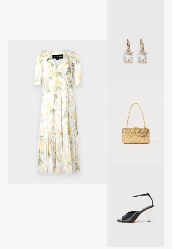 Cvjetna maksi haljina od mekanog i laganog materijala. Ima bijelu podlogu s žutim i zelenim uzorcima, volančaste rukave i slojeviti rub.; Crne kožne sandale s visokim potpeticama, otvorenim prstima, asimetričnim dizajnom, remenom oko članka i metalnom konusnom potpeticom. Glatka tekstura kroz cijelu cipele.; Zlatna šljokasta torbica u pravokutnom obliku, s uvrnutom lancem kao drškom i metalnim kopčanjem, koja odražava svjetlost s teksturiranim završetkom.; Zlatne naušnice s pravokutnim, prozirnim kristalom koji visi ispod niza malih, okruglih prozirnih akcenata. Elegantni, moderni dizajn.