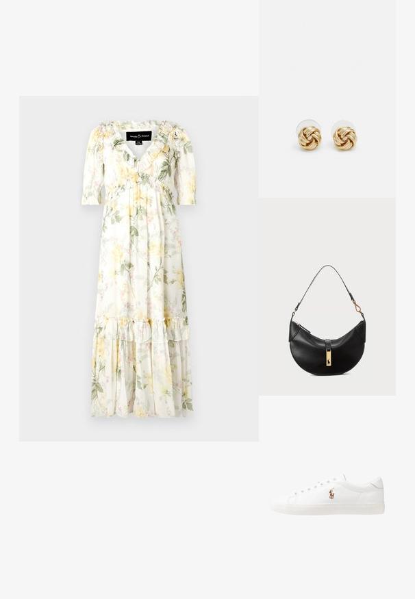 Rochie maxi florală dintr-un material moale și ușor. Prezintă o bază albă cu modele galbene și verzi, mâneci volan și o tivă stratificată.; Adidași din piele albă, design de tip low-top, cu o textură netedă, vârf rotund, față șiretată și un mic logo brodat pe lateral.; Geantă de piele neagră în formă de jumătate de lună. Dispune de un accent din metal auriu și o curea îngustă. Textură netedă, închidere cu fermoar în partea de sus.; Cercei cu tija aurie, cu un design răsucit. Fiecare cercel are un fundal circular transparent pentru o purtare sigură.
