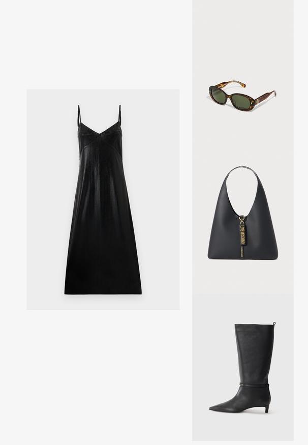 Mustaton hihaton mekko, jossa on kevyt kiilto, V-muotoinen pääntie ja minimalistinen muotoilu. Valmistettu sileästä, teksturoidusta kankaasta, joka laskeutuu löysästi.; Musta nahkainen polvipitkä saapas, jossa on terävä kärki, korostettuna ympyrämuotoisella nauhalla nilkassa ja matala, kapea korko. Sileä pinta.; Kilpikonnakuosiset aurinkolasit, joissa on vihreät linssit, ovaali muoto, kultaiset logo-osat sivuilla ja sileä kiiltävä pinta.; Mustakorsine laukku leveällä hihnalla, kultaisilla yksityiskohdilla ja kahdella roikkuvalla tarralla, joissa on painettuna "LOVE MOSCHINO" kultaisilla kirjaimilla.