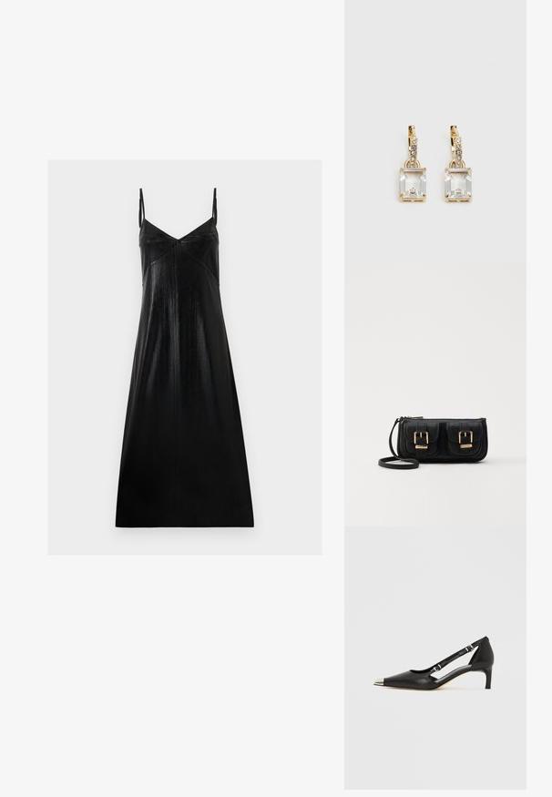 Svart ärmlös klänning med en lätt lyster, V-formad halsringning och minimalistisk design. Gjord av slät, texturerad tyg som faller löst.; Svart läder kitten heel med spetsig silver-tåhätta och dubbla remmar med spänne på vit bakgrund.; Svart läderaxelväska med två framfickor, guldspännen, dragkedjestängning och en smal rem. Texturerad yta och kompakt rektangulär form.; Guldtonade örhängen med en rektangulär, klar kristall som hänger under en rad av små, runda klara accenter. Snygg, modern design.