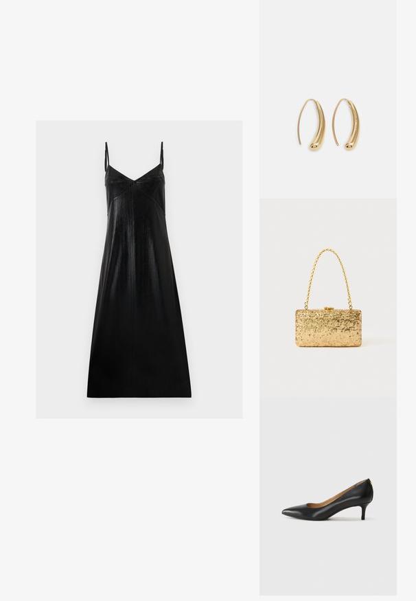 Fekete ujjatlan ruha, enyhe fényű, V-alakú dekoltázzsal és minimalista dizájnnal. Simább, strukturált anyagból készült, laza eséssel.; Fekete bőrpumpa hegyes orral, alacsony sarokkal és sima felülettel. Elöl enyhe nyílással rendelkezik, hátul pedig minimális részletezéssel.; Arany flitteres clutch táska, téglalap alakú, csavart lánckarabinerekkel és fém záródással, mely fényt tükröz a textúrált felületének köszönhetően.; Aranyszínű fémből készült karika fülbevalók ívelt, hosszúkás formával. Simaságával és fényes felületével, valamint lekerekített végével további részletekkel bővül.