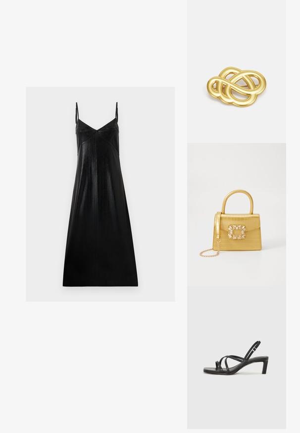 Črna brezrokavna obleka z blagim leskom, V-izrezom in minimalističnim dizajnom. Narejena iz gladkega, teksturiranega blaga, ki pada sproščeno.; Črne natikače s trakovi in kvadratnim prstom ter nizkim blokastim peto. Imajo več tankih trakov in nastavljiv trak okoli gležnja. Narejene so iz gladkega usnja.; Rumeno usnjeno-usnje z vzorcem krokodila, s strukturiranim dizajnom, zgornjo ročajem, snemljivo verižico in dekorativnim kristalnim okrasjem na zaponki.; Broška z zlatim odtenkom, ki se ponaša s zankastim dizajnom, gladkimi, ukrivljenimi linijami in zapleteno obliko, ki odseva poliran zaključek.