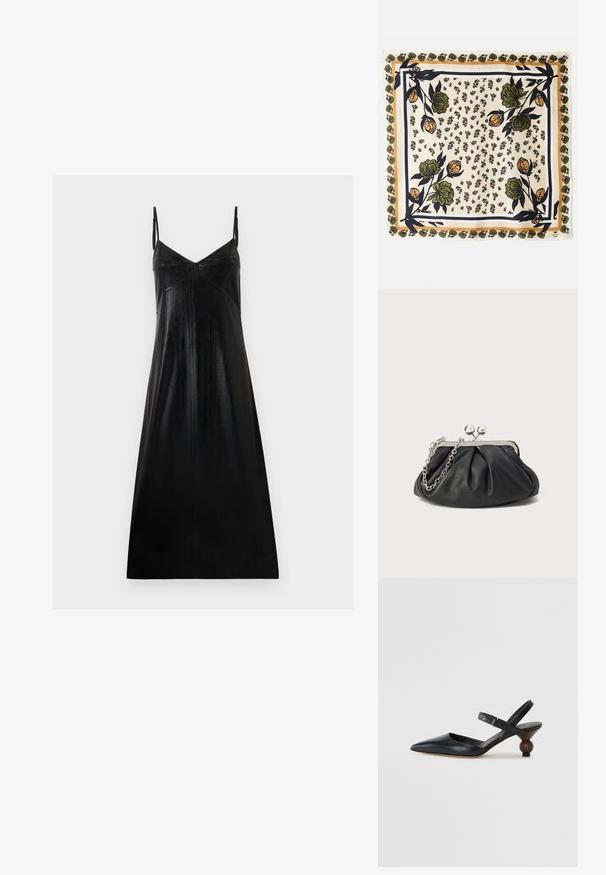 Čierne bezrukávové šaty s jemným leskom, V-krkom a minimalistickým dizajnom. Vyrobené z hladkej, textúrovanej tkaniny, voľne splývajúce.; Čierna kožená slingback obuv s špicatou špičkou, zakriveným dizajnom a okrúhlou drevokatou pätou. Obsahuje úzky popruh okolo členka.; Hedvábny šál so smotanovým pozadím a kvetinovými vzormi v zelenej a oranžovej farbe. Opatrený vzorovaným okrajom so zelenými akcentmi.; Čierna kožená kabelka s vrúbkovou textúrou, strieborným kovovým rámom, uzáverom na pobozkanie a retiazkou na nosenie. Hladký, jemný povrch.