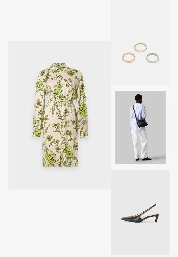 Gaiši bežs kleita ar zaļu ziedu rakstu visā kleitā, ar apkakli, garām piedurknēm, jostu viduklī un pogu priekšpusi.; Melna, ar smailu purngalu, slingback kurpe ar zemu papēdi, izgatavota no gludas ādas materiāla un ar izgriezumiem sānos gaisa caurlaidībai.; Melna ādas plecu soma ar mīkstu tekstūru, trīsstūra formu un regulējamu siksnu, apvienota ar gaiši zilu svītrotu krekli un baltām biksēm.; Trīs metāla gredzeni: viens rozā zeltā, viens zeltā ar teksturētiem akcentiem un viens sudraba, visiem ar iegravētām zīmola atzīmēm iekšējā joslā.