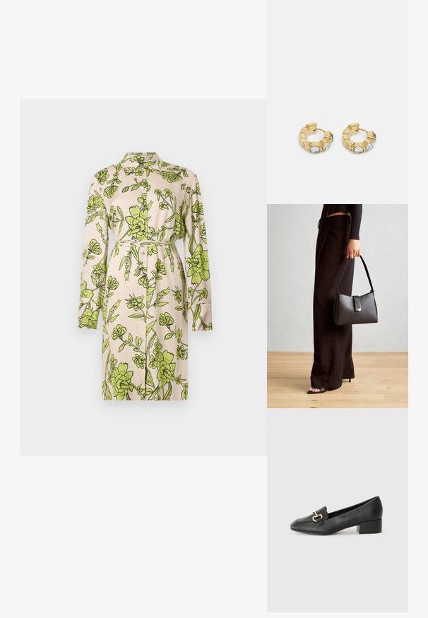Helles beige Kleid mit einem durchgehenden grünen Blumenmuster, ausgestattet mit einem Kragen, langen Ärmeln, einer taillierten Optik und einer Knopfleiste.; Schwarze Lederloafers mit flachem Absatz, die auf der Vorderseite ein dekoratives goldfarbenes Hardware-Detail und eine glatte Textur aufweisen.; Schwarze Handtasche mit strukturierter Form, glatter Textur und einem metallischen Verschluss. Kombiniert mit weiten schwarzen Hosen und offenen Sandalen auf einem Holzboden.; Goldene Creolen mit einem strukturierten Design und drei klaren Kristallakzenten auf einer Seite, die eine moderne geometrische Ästhetik bieten.