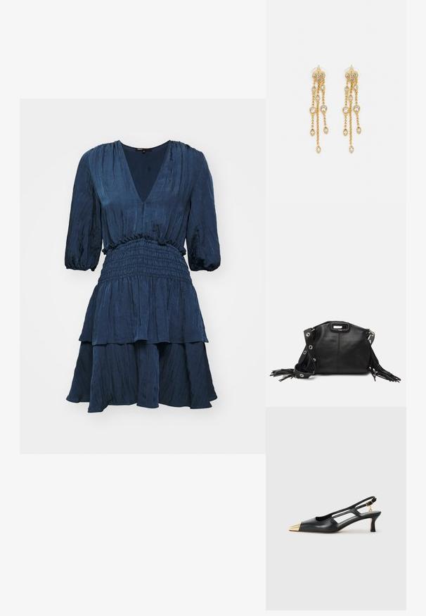 Vestido azul marino con escote en V, mangas abullonadas y cintura fruncida. Presenta una falda con volantes hecha de una tela texturizada.; Zapato de charol negro tipo slingback con punta afilada y punta metálica dorada. Presenta un diseño recortado y un tacón delgado con una correa ajustable.; Maje MISS MINI - Bandolera - noir; Pendientes en tono dorado con múltiples cadenas en cascada, que cuentan con acentos de strass ovalados claros y parte superior decorativa de tachuelas.