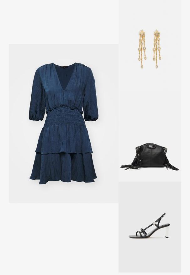 Tumesinine kleit V-kaelusega, puffy varrukatega ja elastse taljega. Omab kihilist seelikut tekstuuriga kangast.; Mustad musta värvi kontsaga sandaalid mitme kitsaste rihmaga, slingback disainiga ja hõbedase aktsendiga kontsal. Sile ülemine materjal ja kvartskonts.; Maje MISS MINI - Ülerinna-kott - noir; Kuldne tooni kõrvarõngad mitme voolava ahelaga, millel on selged ovaalsed rhinestone aktsendid ja dekoratiivsed stud-tippud.