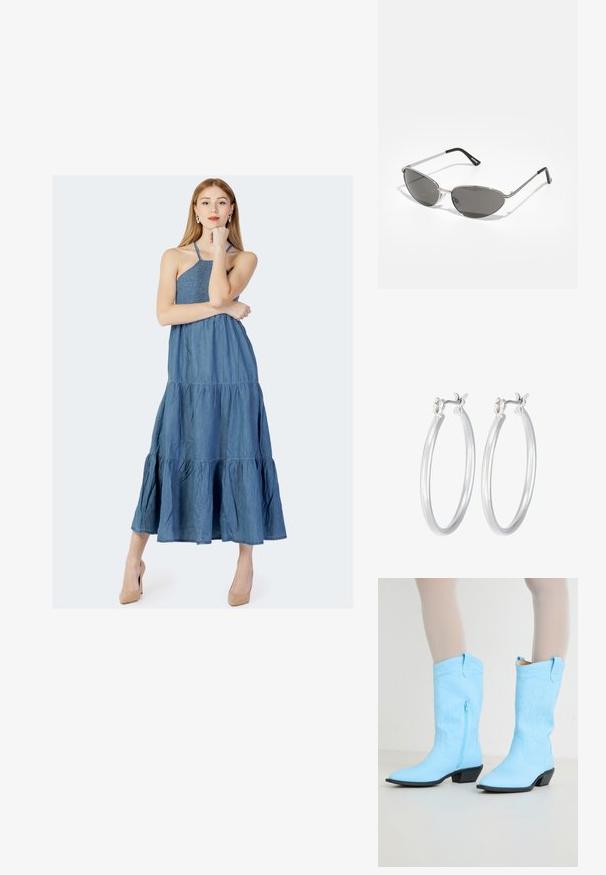 Niebieska dżinsowa sukienka maxi z dopasowanym marszczonym gorsetem, półhalternym dekoltem, warstwową spódnicą i miękką teksturą. Para cielistych szpilek.; Jasnoniebieskie kowbojki z haftowanym zdobieniem, zamkiem błyskawicznym z boku, spiczastym czubkiem i czarnym, warstwowym obcasem. Gładka skórzana faktura.; Okulary przeciwsłoneczne z elegancką, srebrną metalową ramą, szarymi soczewkami i aerodynamicznym kształtem z wyraźnymi krawędziami oraz cienkimi zausznikami.; Srebrne kolczyki w formie kółek o gładkim, polerowanym wykończeniu. O okrągłym kształcie i pewnym zapięciu na klik. Lekka konstrukcja odpowiednia do codziennego noszenia.