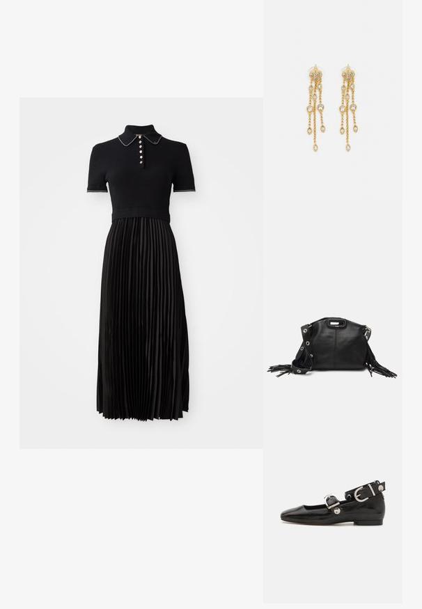 Czarna sukienka z prążkowanym, krótkim rękawem i plisowaną satynową spódnicą. Posiada kołnierzyk oraz dekoracyjne guziki z przodu.; Czarne lakierowane baleriny z kwadratowym noskiem, z paskiem na kostkę z metalowymi elementami w kolorze srebrnym oraz płaską podeszwą. Gładka textura i minimalistyczny design.; Maje - Torba na ramię; Złote kolczyki z wieloma kaskadowymi łańcuszkami, z przezroczystymi owalnymi akcentami z rhinestone'ów oraz ozdobnymi sztyftami.