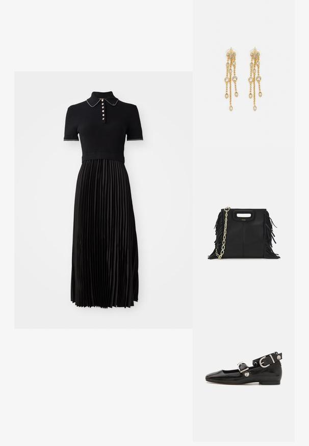 Čierne šaty s rebrovaným, krátkym rukávom a plisovanou saténovou sukňou. Majú golier a dekoratívne gombíky vpredu.; Čierne lakované baleríny so štvorcovou špičkou, remienkom okolo členka so striebornými prvkami a plochou podrážkou. Hladký povrch s minimalistickým dizajnom.; Čierna kožená kabelka s strapcami, zlatým reťazovým ramenným popruhom a vykrojenou rukoväťou. Na prednej strane sa nachádza logo.; Zlaté náušnice s mnohými kaskádovými reťazcami, ozdobené jasnými oválnymi kryštálmi a dekoratívnymi puzdrami.