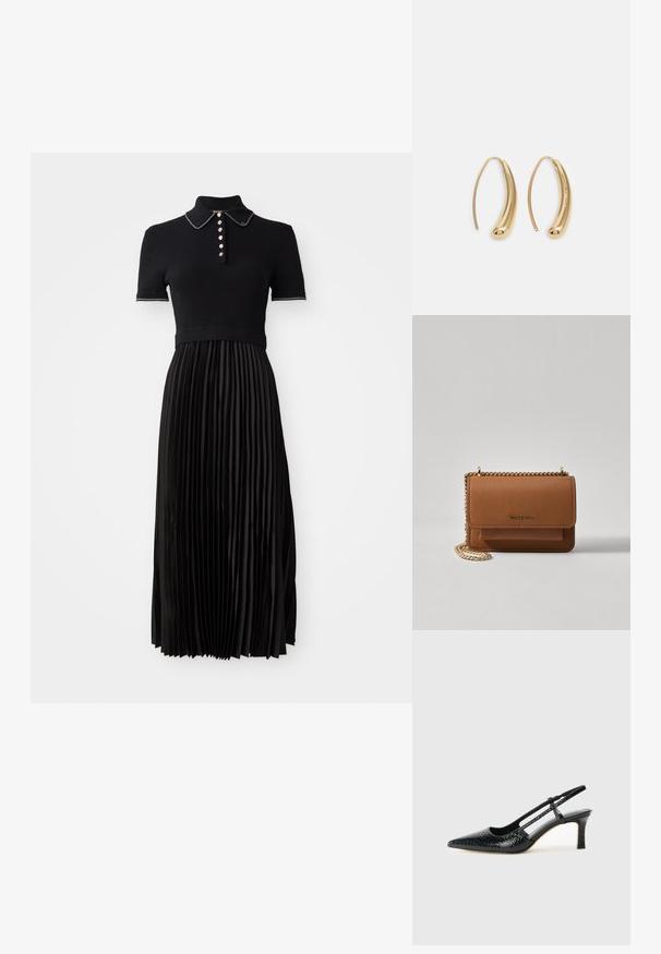 Černé šaty s ribbeným topem s krátkým rukávem a plisovanou saténovou sukní. Mají límeček a dekorativní knoflíky vpředu.; Černé lakované slingback podpatky s špičatou špičkou, zdobené texturovaným hadím vzorem, nastavovacím páskem a krátkým texturovaným blokovým podpatkem.; Hnědá texturovaná kožená kabelka přes rameno se zlatým řetízkovým popruhem a klopnovým uzavíráním. Přední strana obsahuje detail loga a kapsu pod klopou.; Náušnice ve tvaru kruhu z pozlaceného kovu s vroubkovaným, prodlouženým tvarem. Mají hladký, lesklý povrch a zaoblený konec pro zvýraznění detailu.