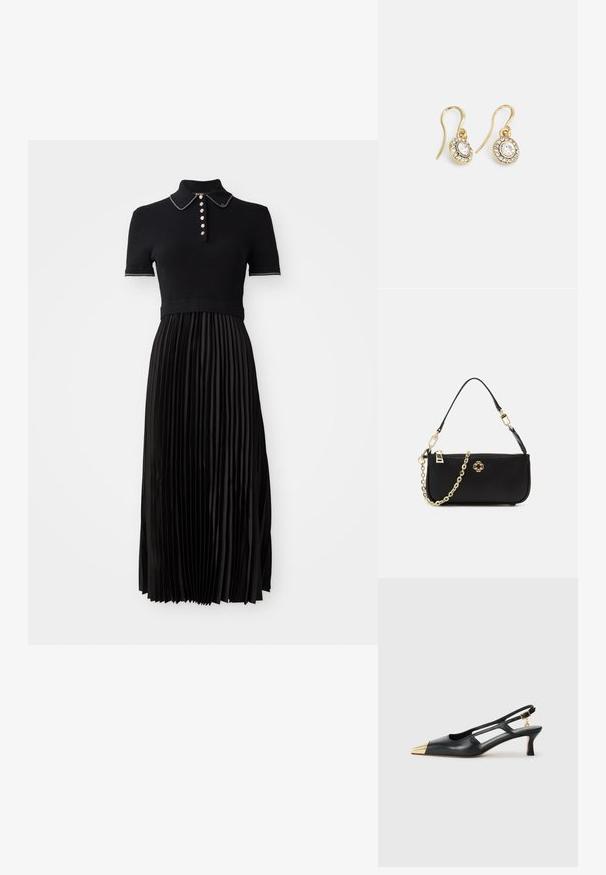 Crna haljina s rebrastim, kratkim rukavima i plisiranim satenskim suknjom. Ima ovratnik i dekorativne dugmadi sprijeda.; Crne kožne sandale s otvorenom petom i šiljastim vrhom, zlatni metalni vrh. Imaju izrezbareni dizajn i vitku petu s podesivim remenom.; Crna torba s glatkom teksturom, s zlatnim lancem za nošenje, zatvaranjem na zip i ukrasnim zlatnim emblemom sprijeda.; Zlatne naušnice s ovalnim prozirnim kristalima okruženim manjim prozirnim kamenčićima, s dizajnom na kuku za sigurno nošenje.