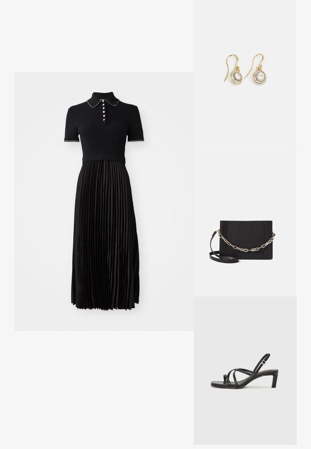 Zwarte jurk met een geribbeld, kort mouwtop en een geplooide satijnen rok. Heeft een kraag en decoratieve knopen aan de voorkant.; Zwarte sandaal met bandjes, vierkante teen en een lage blokhak. Voorzien van meerdere dunne bandjes en een verstelbare enkelband. Gemaakt van zacht leer.; Zwarte leren schoudertas met een gladde textuur, rechthoekige vorm en een metallic kettingdetail aan de voorkant. Verstelbare schouderband inbegrepen.; Goudkleurige oorbellen met ovaalvormige heldere kristallen omringd door kleinere heldere stenen, met een haakontwerp voor een veilige draagervaring.