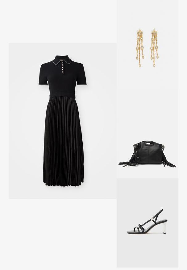 Vestido negro con un top de manga corta acanalado y falda de satén con pliegues. Presenta un cuello con solapas y botones decorativos en la parte delantera.; Sandalias negras de tacón alto con múltiples correas estrechas, diseño slingback y un acento plateado en el tacón. Material superior liso y tacón cuadrado.; Maje MISS MINI - Bandolera - noir; Pendientes en tono dorado con múltiples cadenas en cascada, que cuentan con acentos de strass ovalados claros y parte superior decorativa de tachuelas.