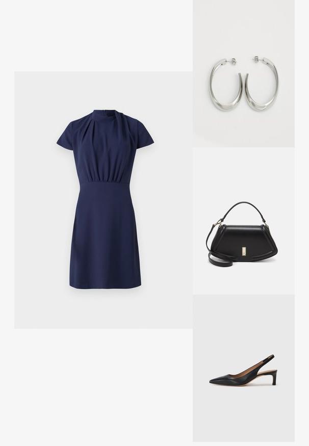 Marineblauwe jurk met korte mouwen, hoge halslijn en gesmokt middel. Gladde textuur en een knie-lange zoom met een verborgen rits aan de achterkant.; Zwarte leren slingback pump met een puntige neus, lage hak en een gladde textuur. Beschikt over een dunne verstelbare band voor een veilige pasvorm.; Zwarte leren handtas met een gestructureerd ontwerp, featuring een verkorte vorm, bovenhandvat en gouden hardwareaccent. Inclusief verstelbare schouderband.; Zilveren oorringen met een gladde, gebogen vorm. Voorzien van een glanzende metallic afwerking en studsluiting. Geen zichtbare patronen of accenten.