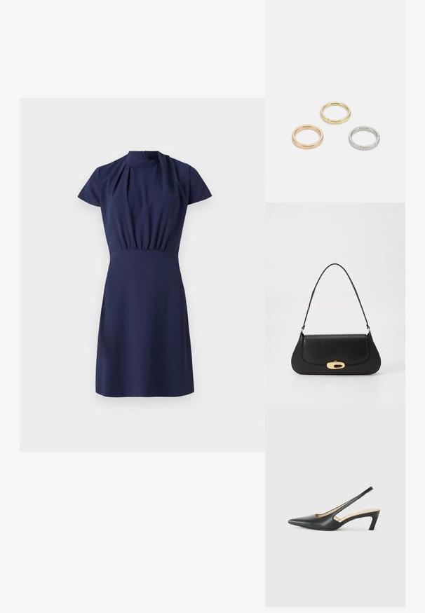 Mornarica haljina s kratkim rukavima, visokim izrezom i naboranim strukom. Glatka tekstura i dužina do koljena s skrivenim zatvaračem na leđima.; Crne cipele s izduženim vrhom i remenom oko pete, s niskom petom, izrađene od glatke kože i s izrezbarenom stranom radi prozračnosti.; Crna kožna torba s zakrivljenim dizajnom, zlatnim detaljima i gornjom drškom. Ima elegantno zatvaranje i glatku teksturu.; Tri metalne prstenove: jedan od rose zlata, jedan od zlata s teksturiranim akcentima i jedan od srebra, svi s ugraviranim logotipom na unutarnjoj strani.