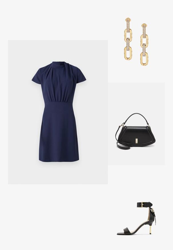 Rochie bleumarin cu mâneci scurte, decolteu înalt și talie strânsă. Textură netedă și tiv până la genunchi cu fermoar ascuns la spate.; Sandal cu toc înalt din piele neagră, cu vârf pătrat, curea pentru glezna cu cataramă aurie și toc metalic subțire. Textură netedă, design minimalist.; Geantă de umăr din piele neagră, cu un design structurat, având o formă tăiată, mânere superioare și accente din aur. Include o curea de umăr ajustabilă.; Cercei din linkuri de aur cu un design accentuat de cristale clare, având inscripția gravată "GUESS" și o finisare netedă.