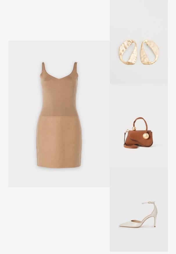 Strickloses Kleid in hellem Beige. Hat ein tailliertes Oberteil und ein gerades Rockdesign. Glatte Textur mit einer einfachen, eleganten Silhouette.; Weiße Leder-Pumps mit spitz zulaufender Zehe, Knöchelriemen und schlanker Stiletto-Absatz. Glatte Oberfläche mit dezent glänzendem Finish.; Braune Lederhandtasche mit wellenförmigem Design, ausgestattet mit zwei kreisförmigen goldenen Akzenten und einem abnehmbaren Schulterriemen für vielseitigen Tragekomfort.; Ein Paar unregelmäßige, oval geformte Ohrringe aus goldfarbenem Metall mit einer strukturierten, leicht gehämmerten Oberfläche auf weißem Hintergrund.