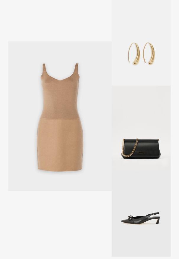 Gebreide mouwloze jurk in lichtbeige. Heeft een getailleerde bovenkant en een rechte rok. Zachte textuur met een eenvoudige, elegante silhouet.; Zwarte leren slingback schoen met scherpe neus, kleine hak en decoratieve gespdetails op de bovenkant. Stijlvolle textuur, minimalistisch ontwerp.; Zwarte leren clutch tas met een gouden kettinghengsel, voorzien van een gladde textuur, rechthoekige vorm en reliëfmerk op de voorkant.; Gouden metalen oorbellen in de vorm van een gebogen, verlengde hoop. Kenmerkend zijn het gladde, glanzende oppervlak en de afgeronde punt voor extra detail.