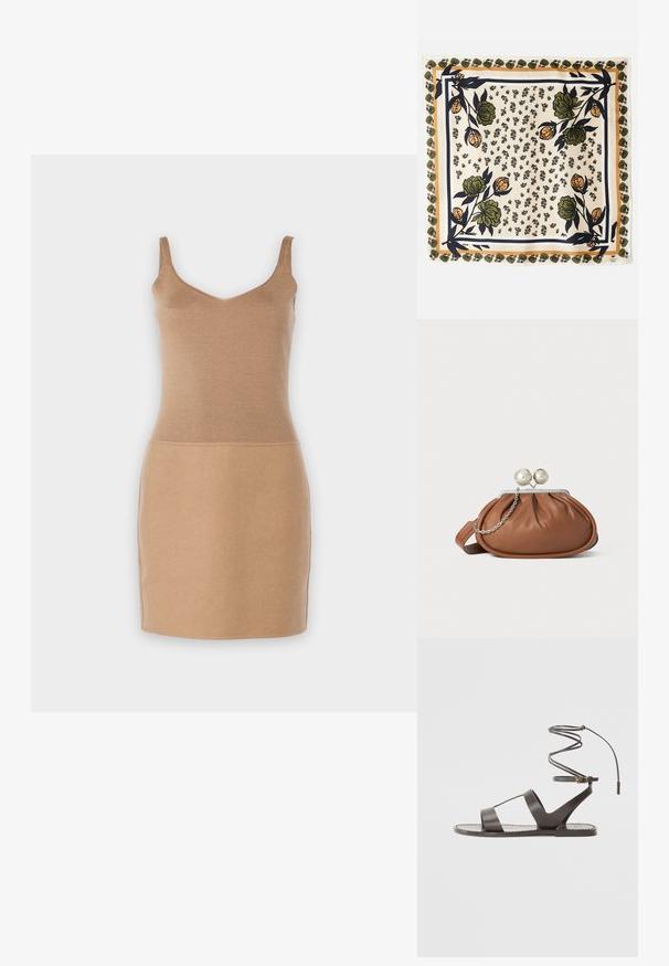 Abito senza maniche in maglia di un beige chiaro. Presenta un corpetto attillato e una gonna dritta. Texture liscia con una silhouette semplice ed elegante.; Sandal in pelle marrone con suola piatta, caratterizzato da un design minimalista, cinturino curvo per la caviglia e numerosi ritagli per la traspirabilità.; Foulard in seta con sfondo crema e motivi floreali in verde e arancione. Incorniciato da un bordo decorato con dettagli verdi.; Pochette in pelle marrone con chiusura a sfera argentata e un piccolo dettaglio a catena argento su sfondo bianco.