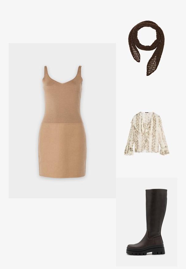 Gebreide mouwloze jurk in lichtbeige. Heeft een getailleerde bovenkant en een rechte rok. Zachte textuur met een eenvoudige, elegante silhouet.; Massimo Dutti SNAKESKIN PRINT GARMENT WITH RUFFLES - Blouse - beige; Bruine leren kniehoogse laarzen met een chunky zwart platformzool en minimale stikseldetails. Strak ontwerp met een gladde textuur.; Massimo Dutti Sjaal - brown; Bruine leren handtas met twee stevige handvatten, rechthoekige vorm, gladde textuur en ritssluiting. Minimalistisch ontwerp zonder zichtbare patronen.